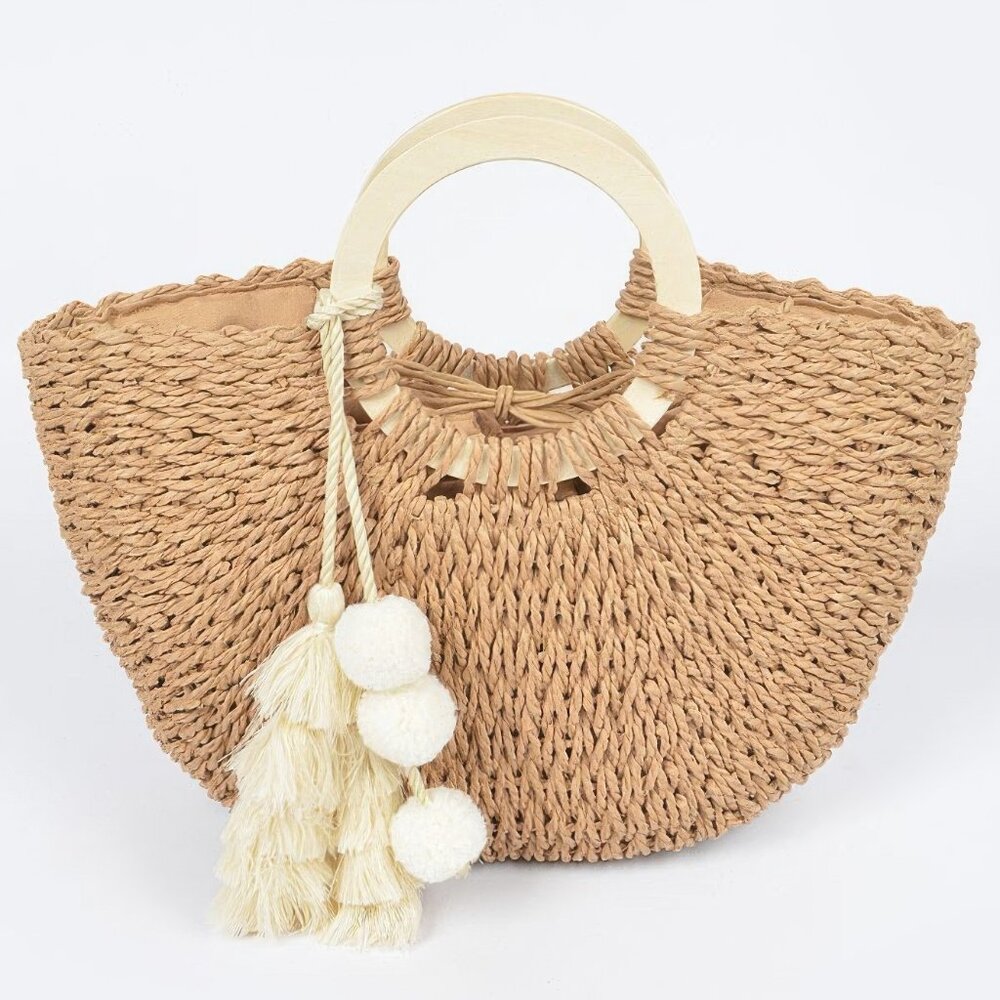 Woven Cotton Wood Handle Tote Bag